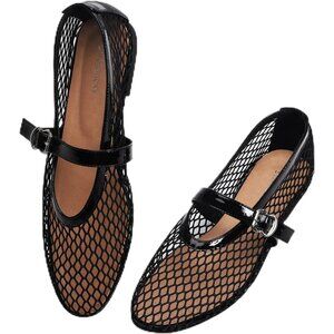 Women's Black Mesh Ballet Flats Adjustable Strap Mary Jane Casual Office Shoes